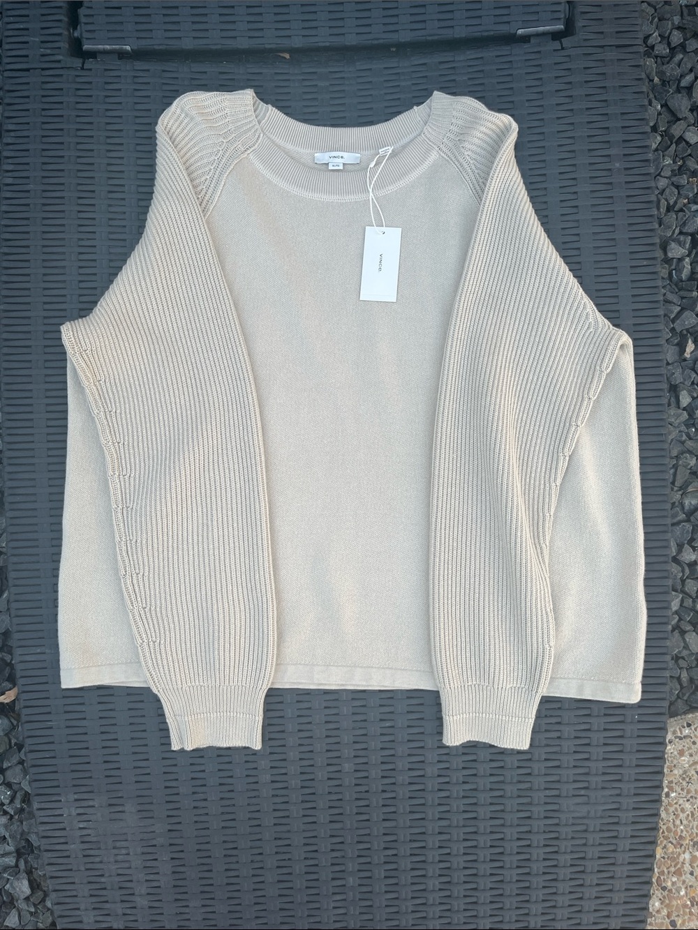 Vince Cream Ribbed-Sleeve Crewneck Sweater